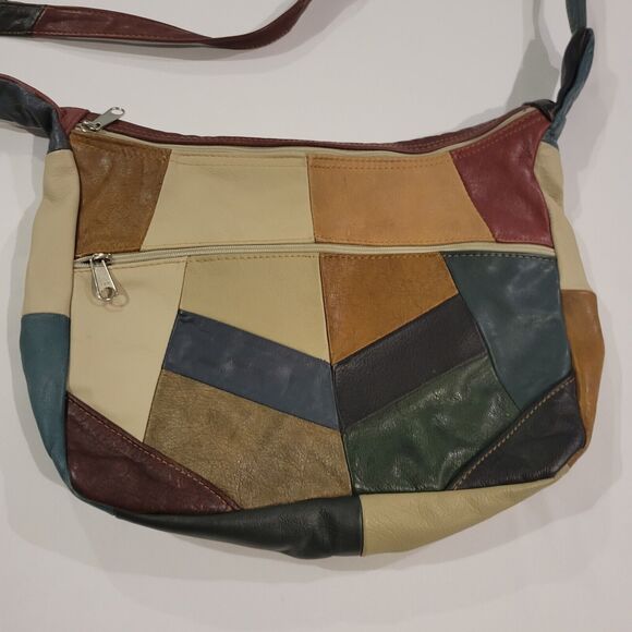 Vintage Boho Patchwork Genuine Leather Crossbody Shoulder Bag Made in Mexico - Picture 2 of 14